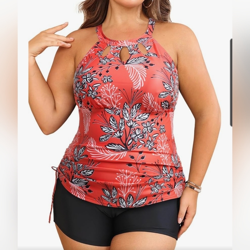 Aqua Eve Floral Halter Tankini Set - Red and Black Size 28